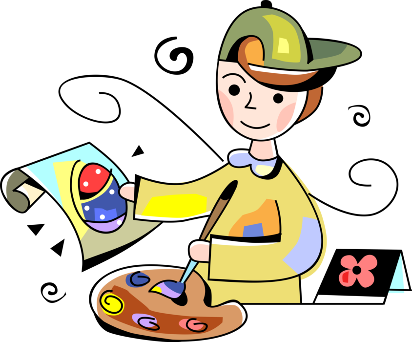 Vector Illustration of Visual Arts Young Artist Boy Paints Picture of Easter Egg with Paintbrush and Palette