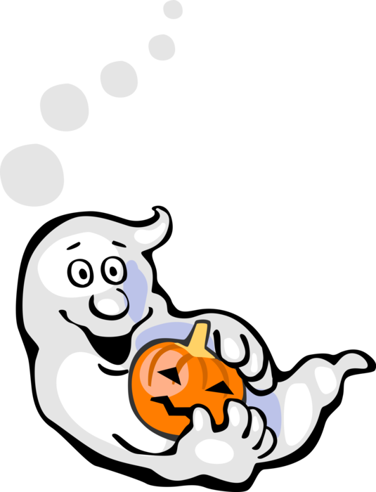 Vector Illustration of Ghost Phantom, Apparition, Spirit, Spook with Halloween Jack-o'-lantern Carved Pumpkin
