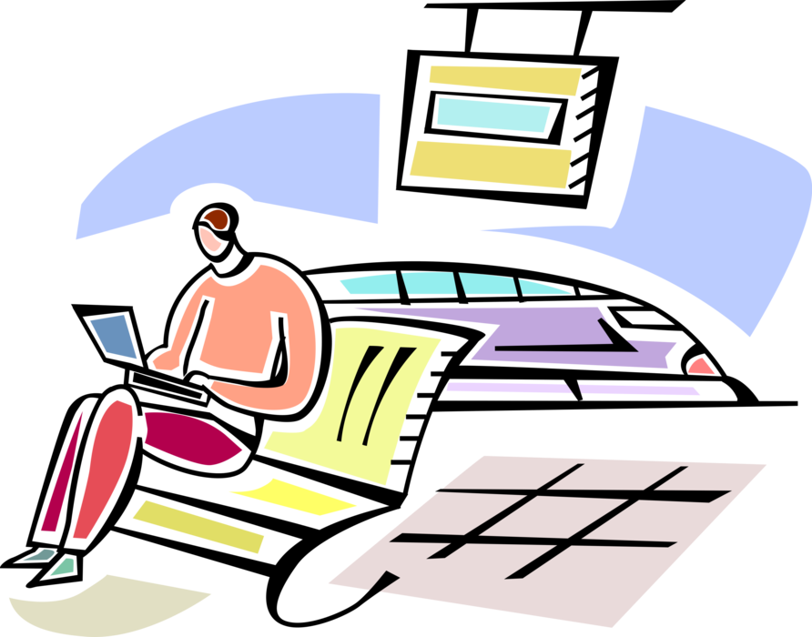 Vector Illustration of Rail Transport Train Passenger with Laptop in Railway Station