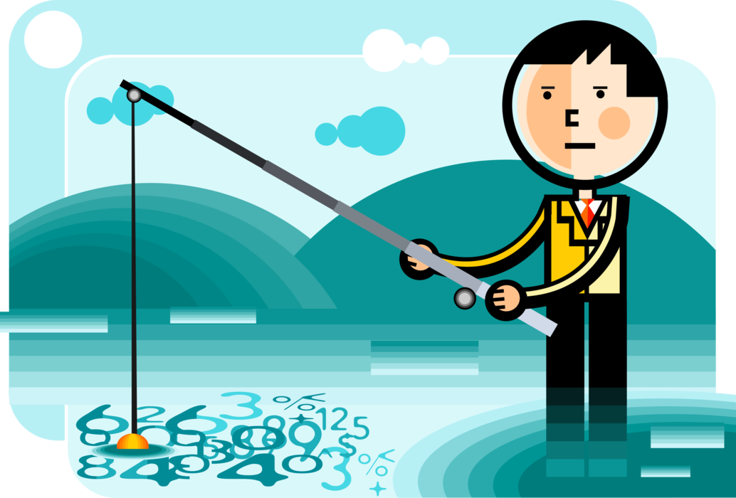 Vector Illustration of Businessman Fisherman Angler Fishing for Corporate Profit Margins with Fishing Rod