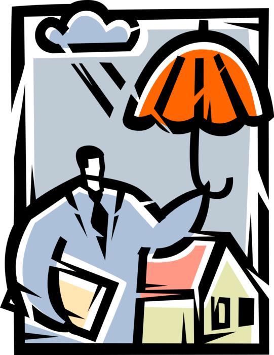 Vector Illustration of Businessman Homeowner with Home Insurance Umbrella and Rain Storm Cloud