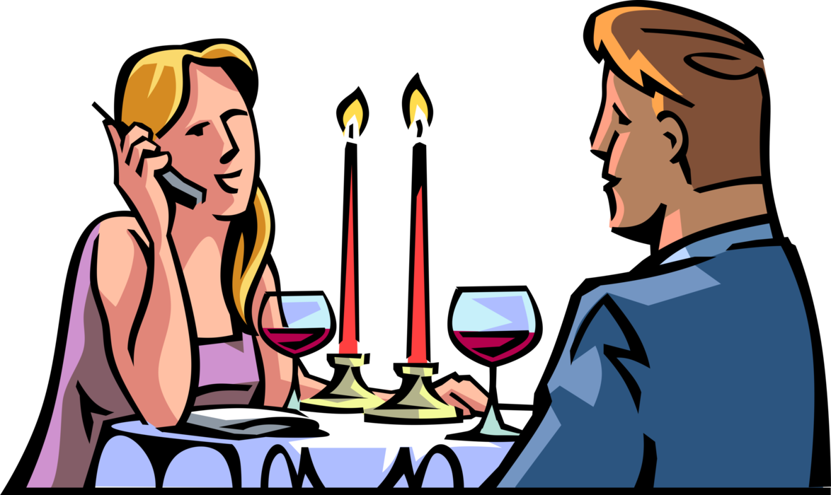 Vector Illustration of Romantic Restaurant Dinner for Two Interrupted by Inconsiderate Mobile Cell Phone Call