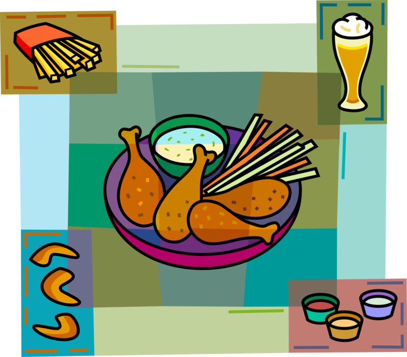 Vector Illustration of Domesticated Fowl Fried Chicken Wings Dinner with French Fries and Dip