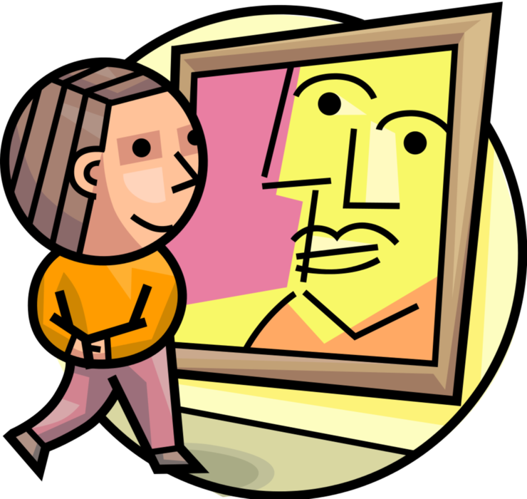 Vector Illustration of Art Lover Admires Modern Cubism Painting in Fine Art Gallery