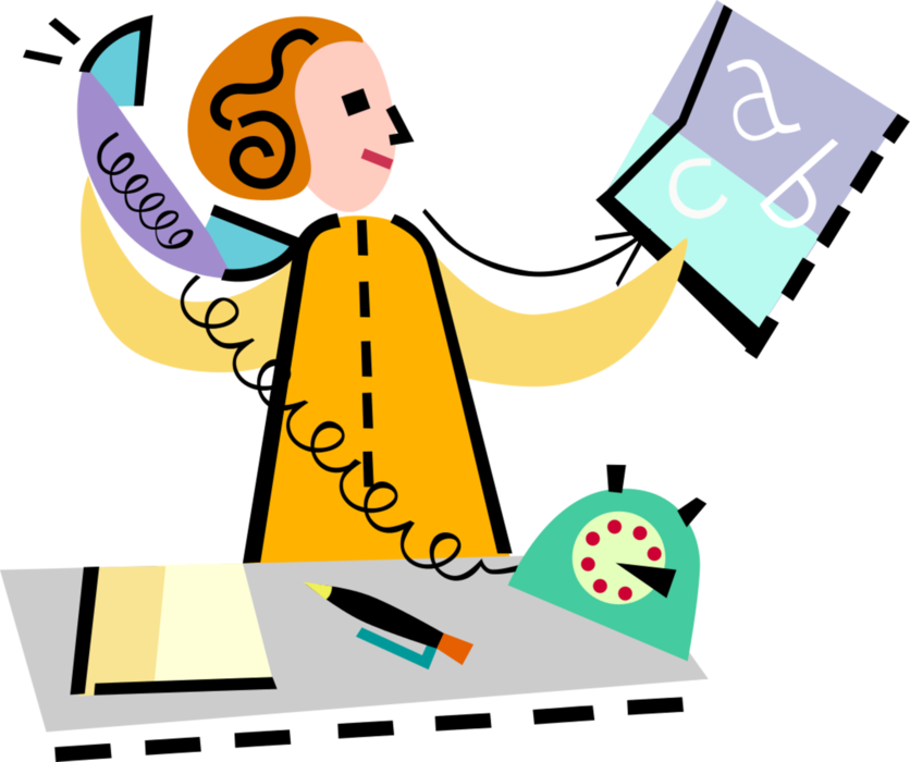 Vector Illustration of Woman Responds to Written Document with Phone Call on Telephone