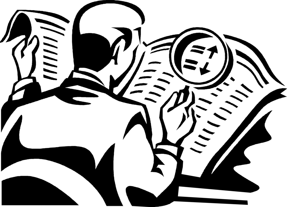 Vector Illustration of Businessman Reads Newspaper with Magnification Through Convex Lens Magnifying Glass