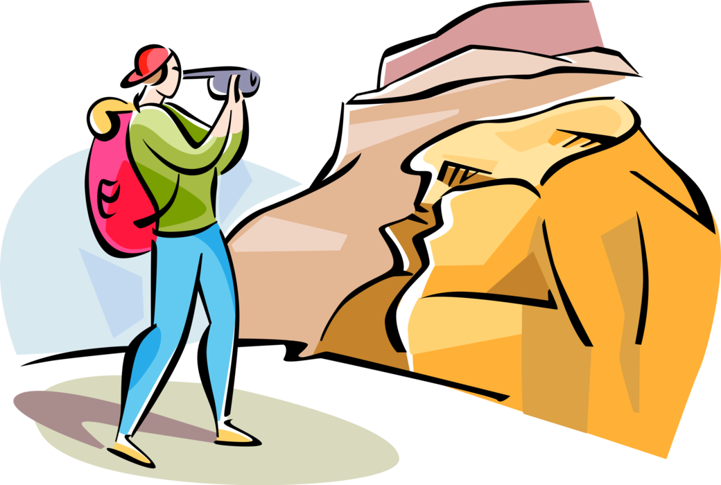 Vector Illustration of Tourist Films with Video Camera at Masada Ancient Fortification, Israel
