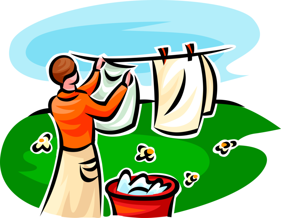 Vector Illustration of Woman Hangs Clothes Laundry on Outdoor Clothesline
