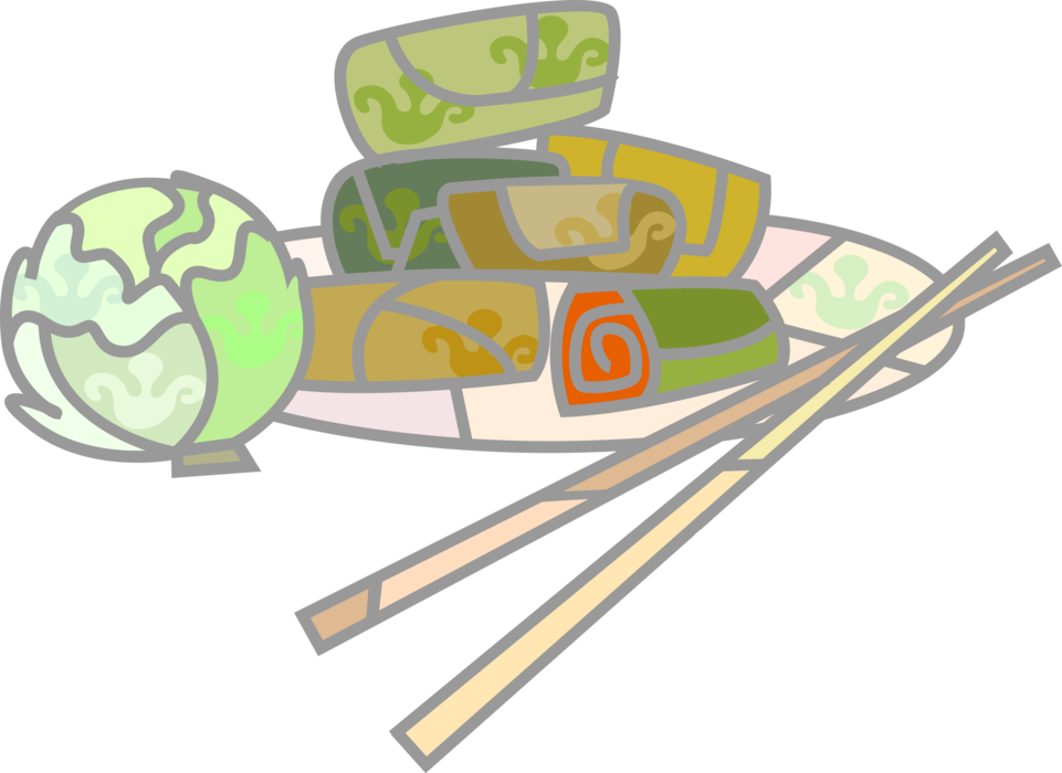 Vector Illustration of Japanese Sushi with Cabbage and Chopsticks