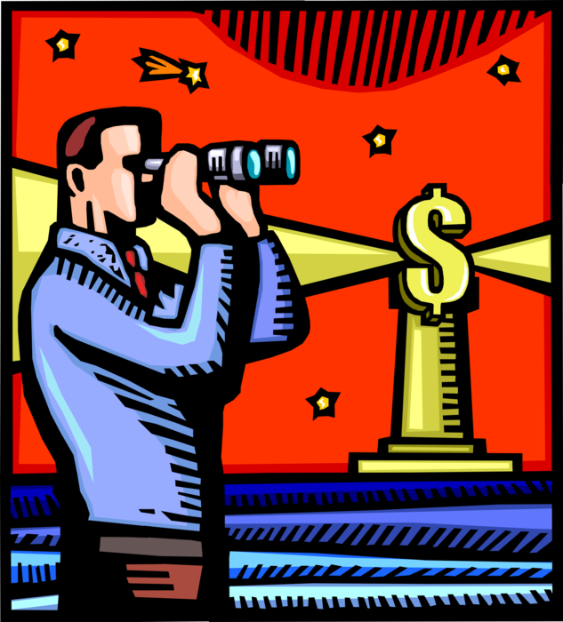 Vector Illustration of Businessman Prognosticator Forecasts Economic Growth with Binoculars and Lighthouse Beacon Cash Money Dollar Sign