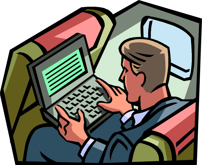 Vector Illustration of Businessman Works on Laptop Notebook Computer During Air Travel Flight