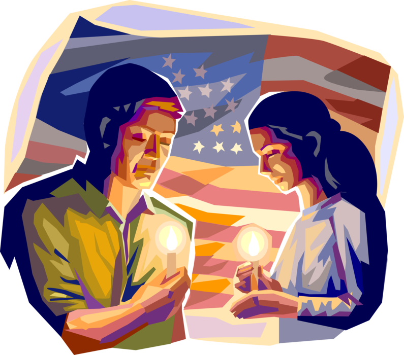 Vector Illustration of Supporters Hold Candlelight Vigil for Victims of Terror in America with Candles and American Flag