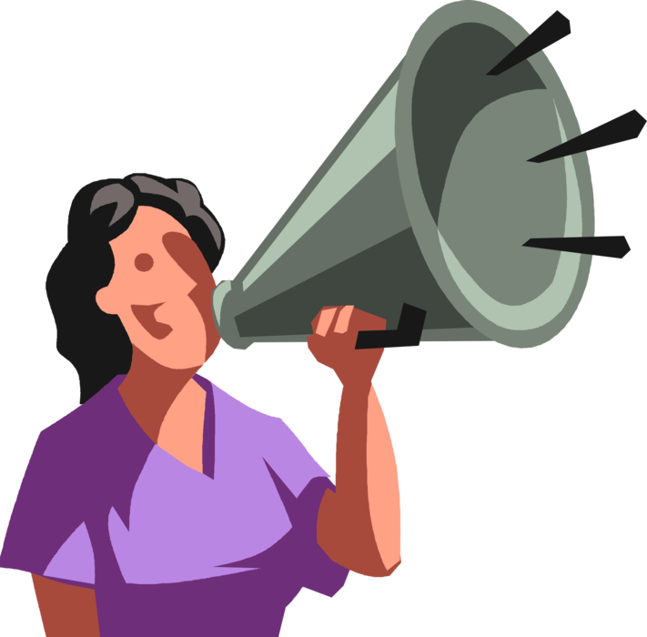Vector Illustration of Businesswoman Makes Important Announcement with Megaphone or Bullhorn to Amplify Voice
