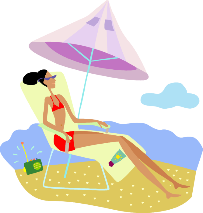 Vector Illustration of Holiday Vacation Getaway in Sun Relaxing on Beach with Lounge Chair and Shade Umbrella