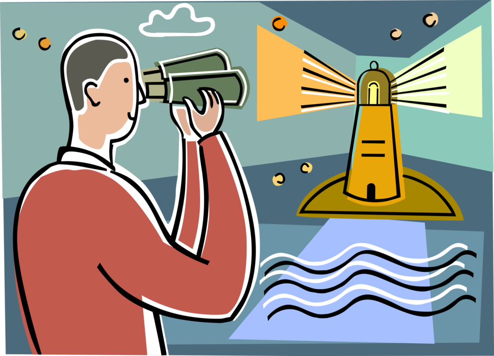 Vector Illustration of Businessman Finds Lighthouse Beacon While Looking Through Binoculars
