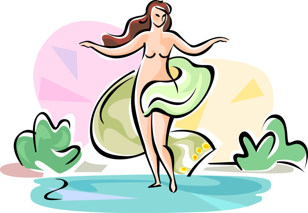 Vector Illustration of Greek Mythology Aphrodite, Goddess of Beauty and Love Born Out of Waves