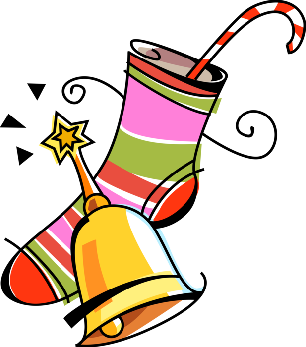 Vector Illustration of Festive Season Christmas Stocking with Candy Cane and Bell