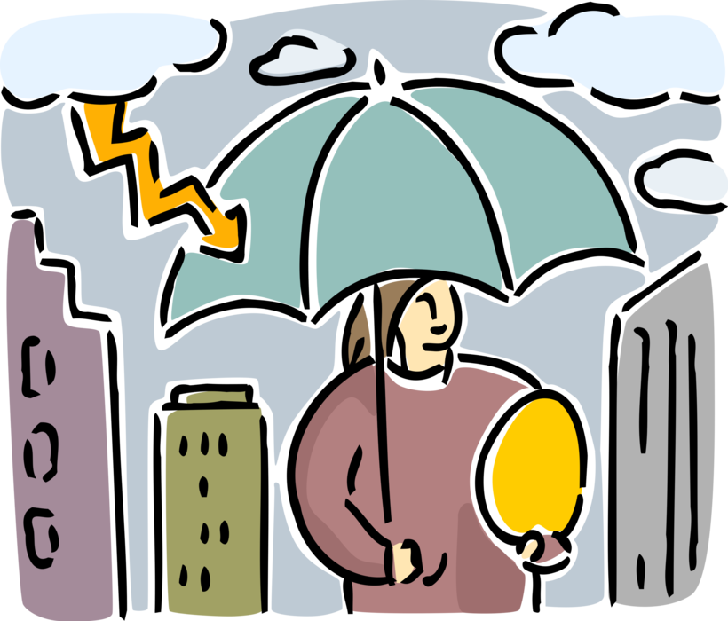 Vector Illustration of Investor Protects Investment Golden Nest Egg from Turbulent Market Forces with Umbrella