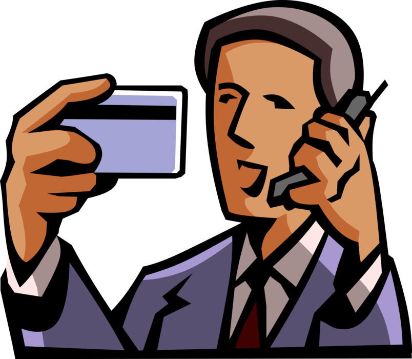 Vector Illustration of Businessman in Mobile Cell Phone Conversation Gives Credit Card Information