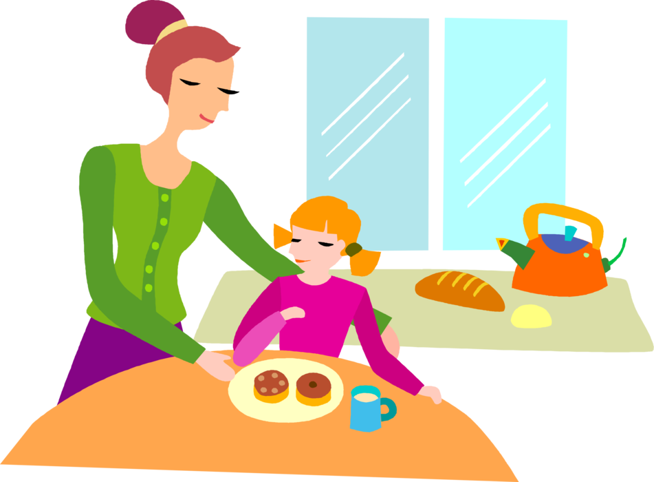 Vector Illustration of Mother and Young Child Daughter Have Baked Cookie Snack with Glass of Milk