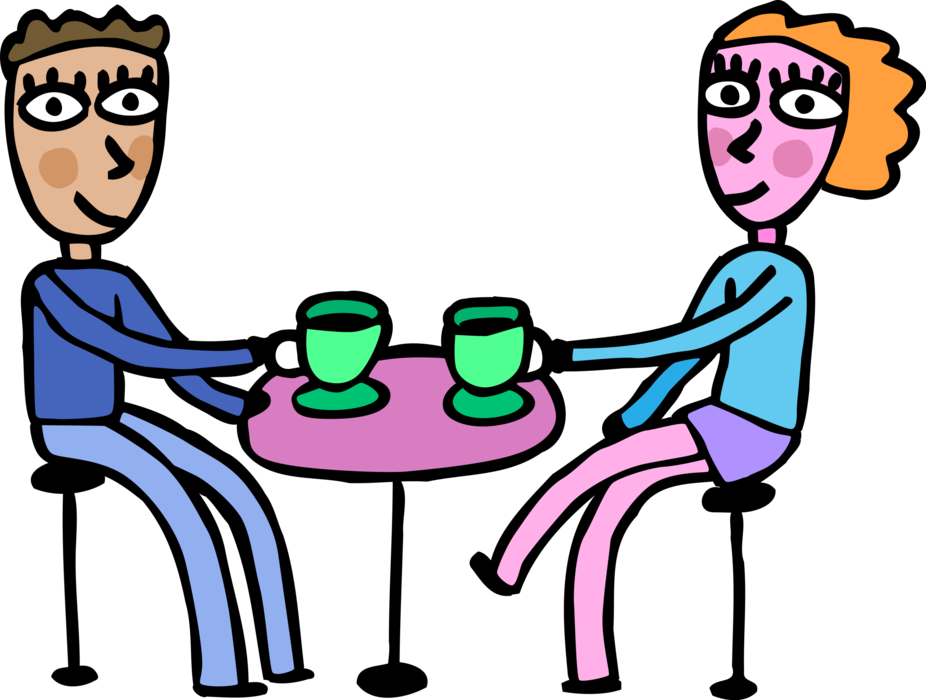 Vector Illustration of Friends Enjoy Coffee Talk Conversation on Café Patio
