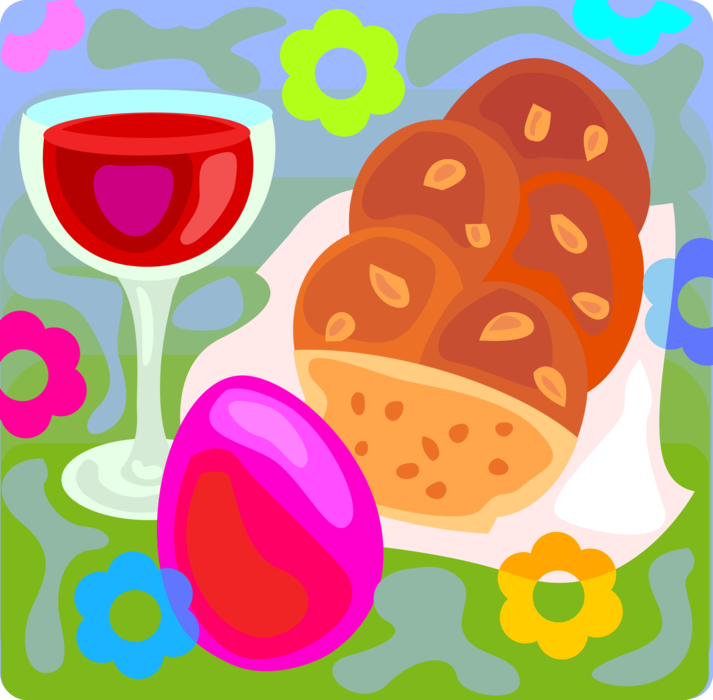 Vector Illustration of Decorated Pascha Easter Egg with Wine Glass and Bread Loaf
