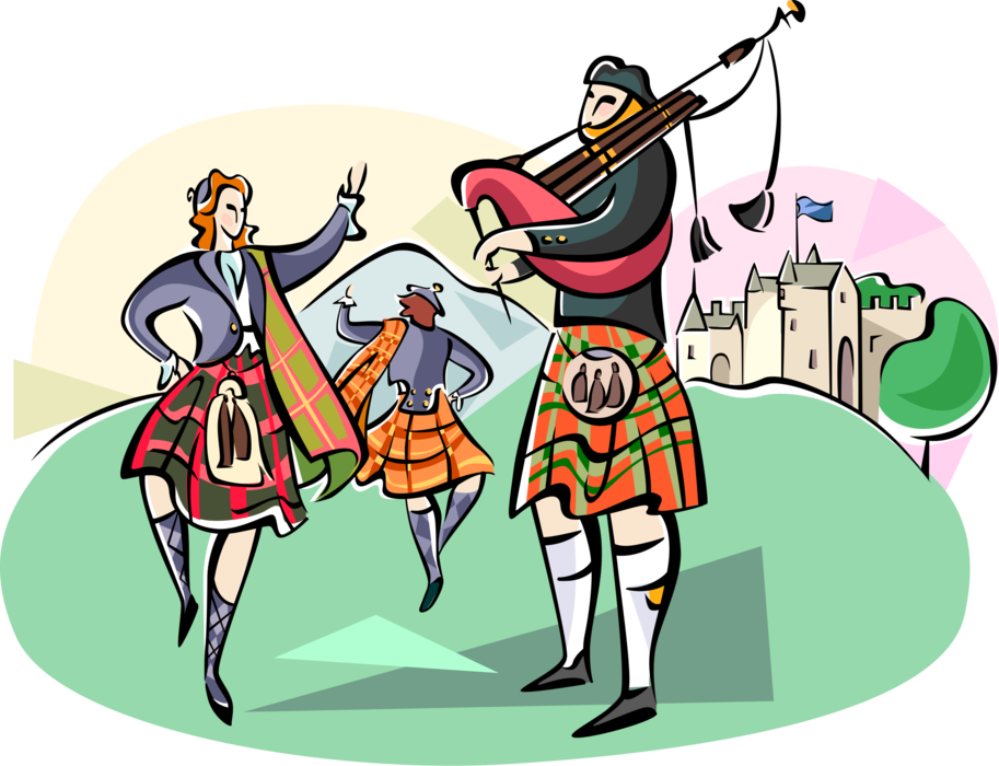 Vector Illustration of Scottish Bagpipers and Highland Dancers in Aboyne Dress