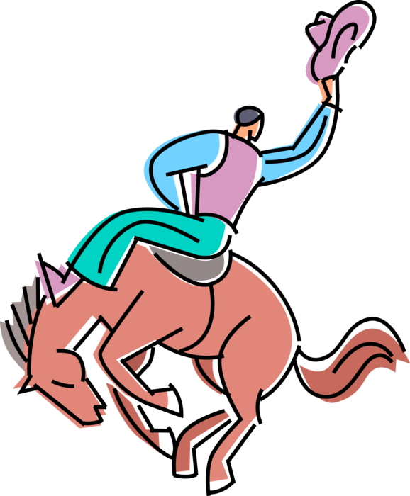 Vector Illustration of Rodeo Cowboy Rides Bucking Bronco Horse in Competition