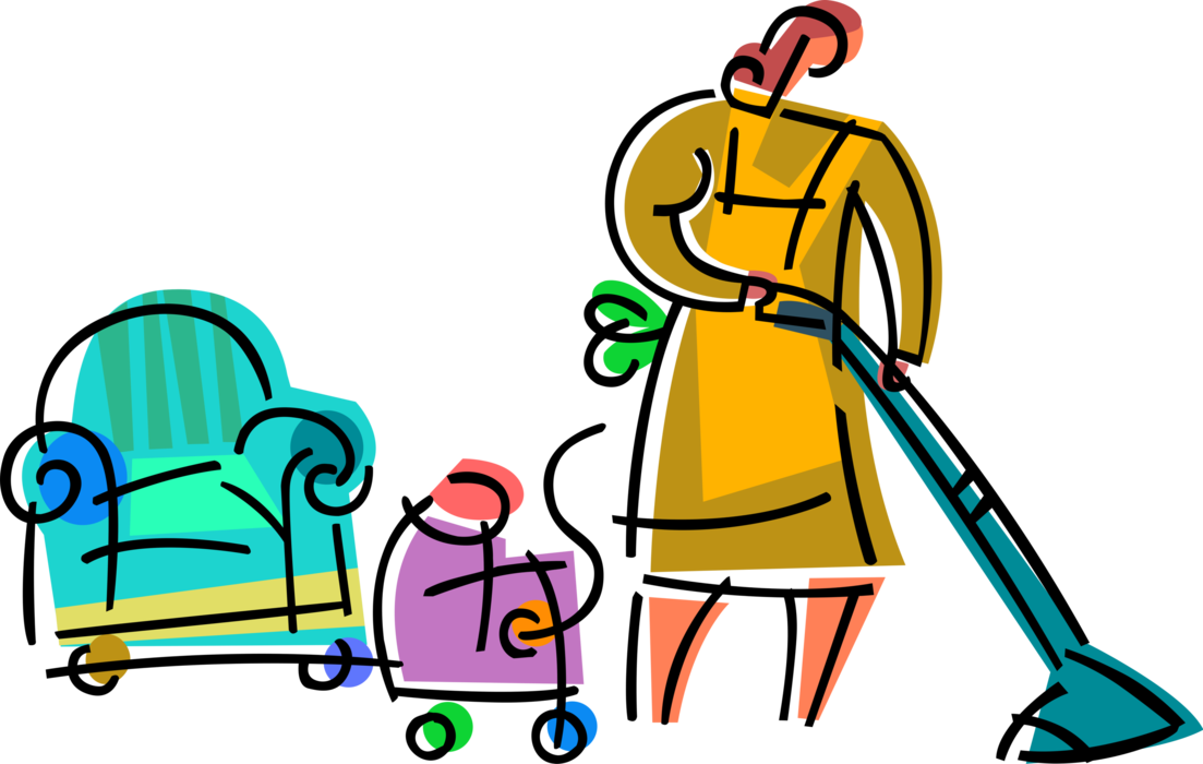 Vector Illustration of Household Chores Cleaning and Vacuuming Carpets and Floor with Vacuum Cleaner