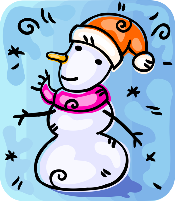 Vector Illustration of Snowman Anthropomorphic Snow Sculpture with Scarf and Santa Claus Hat in Winter