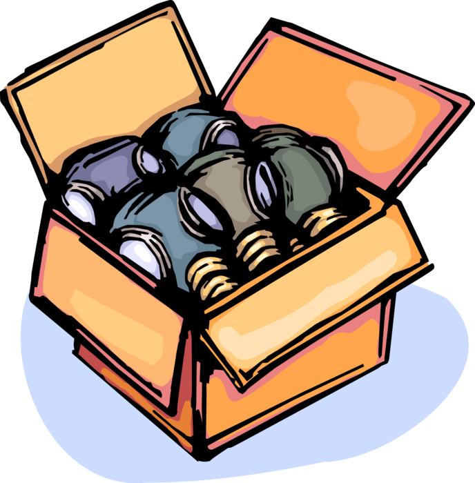 Vector Illustration of Emergency Safety and Security Gas Masks in Cardboard Box