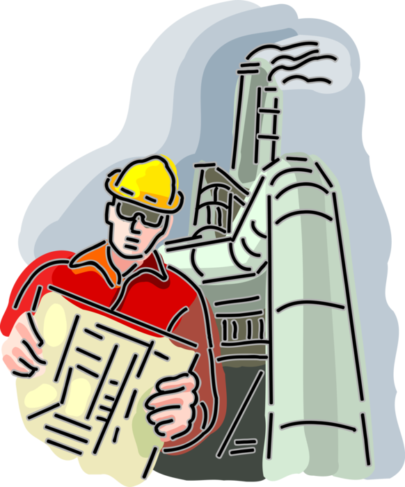 Vector Illustration of Industrial Manufacturing Factory Plant Worker with Systems Control Checklist