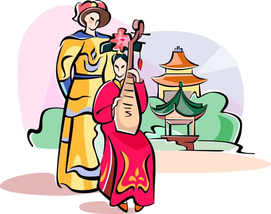 Vector Illustration of Woman Playing on Chinese Musical Instrument