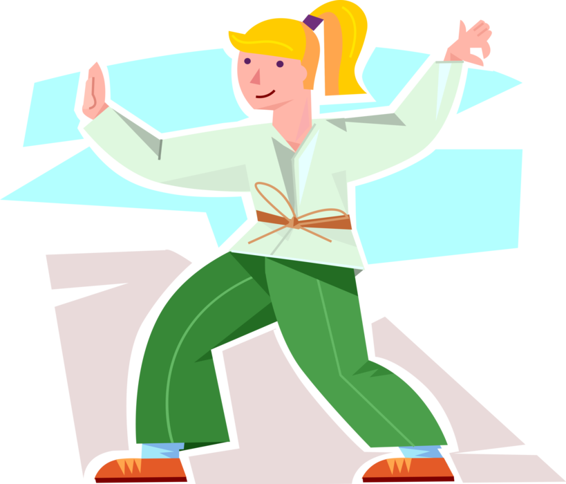 Vector Illustration of Female Self-Defense Martial Artist Practices Karate Moves