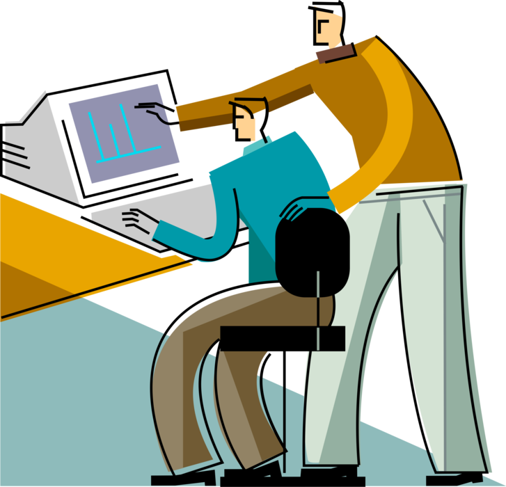 Vector Illustration of Businessmen Get Together to Work on Corporate Presentation at Computer