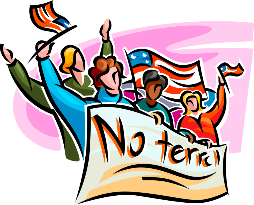 Vector Illustration of Protesters with Protest Banner Protesting Increased Threat of Terrorism in America