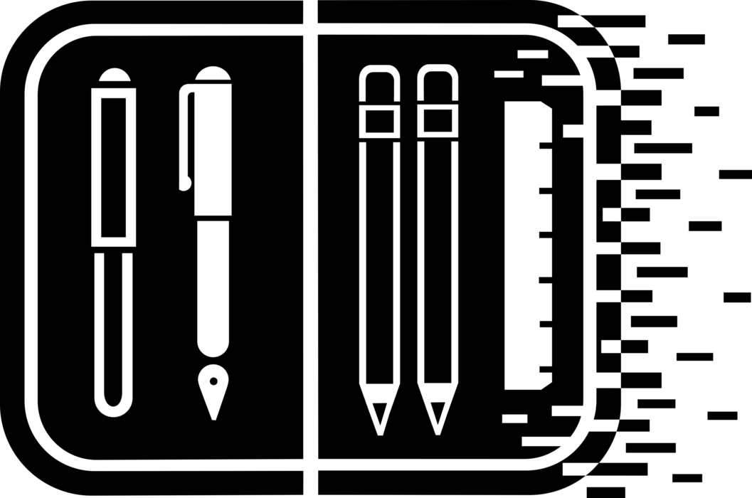Vector Illustration of Assorted Pens and Pencil Writing Instruments in Case