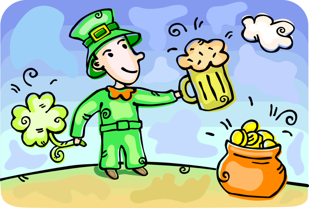 Vector Illustration of Irish Mythology Leprechaun Celebrates St. Patrick's Day with Pot of Gold, Mug of Beer, and Lucky Shamrock