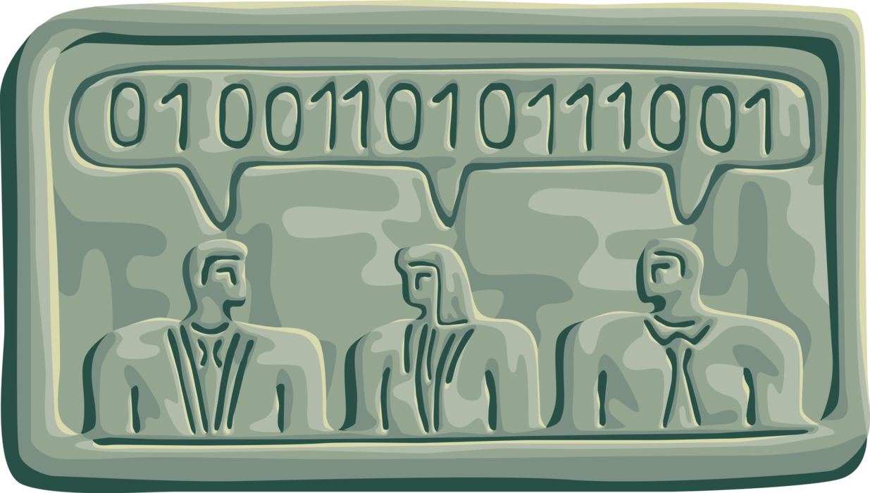 Vector Illustration of Business Associate Programmers Discuss Binary Code Programming Language Code