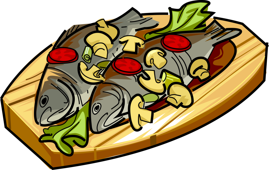 Vector Illustration of Roast Fish with Mushrooms and Tomato Vegetables on Wood Plank