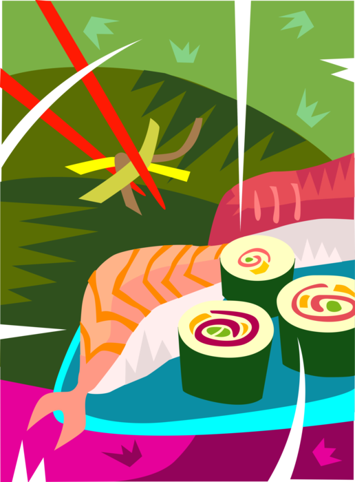 Vector Illustration of Japanese Vinegared Rice Sushi with Prawn Shrimp and Chopsticks