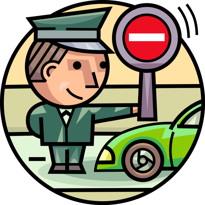 Vector Illustration of Law Enforcement Police Officer Traffic Cop with Stop Sign Directs Motor Vehicles in Street