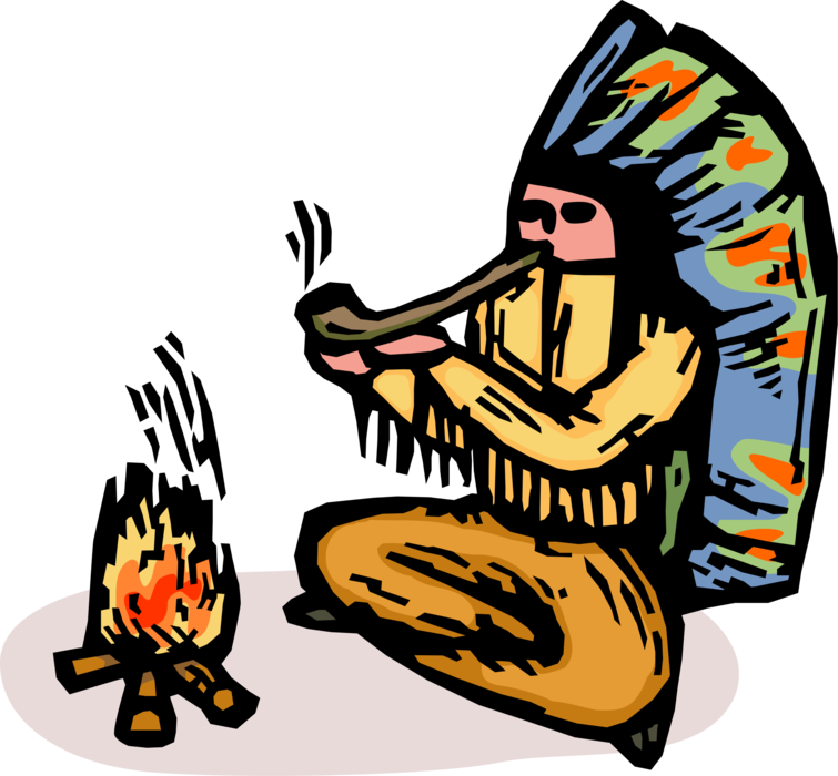 Vector Illustration of Native American Indigenous Indian Chief Smokes Peace Pipe Tobacco with Campfire