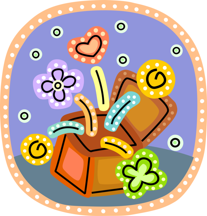 Vector Illustration of Jack-in-the-Box Children's Toy Plays Melody and Pops Open with Flowers and Romantic Love Heart