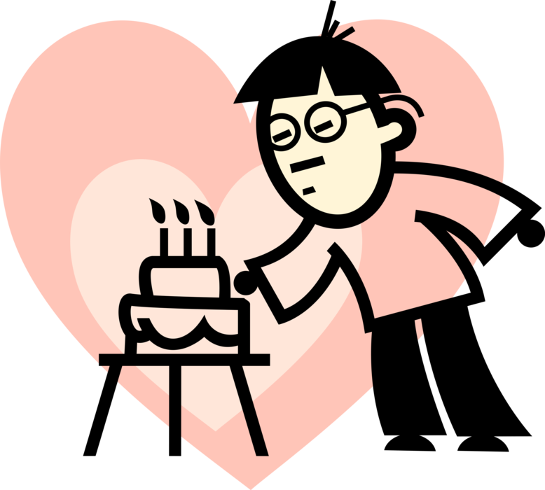 Vector Illustration of Asian Birthday Boy Blows Out Lit Candles on Birthday Cake