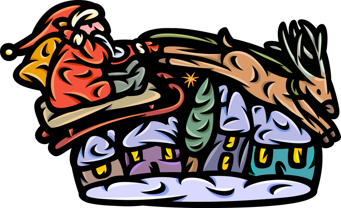 Vector Illustration of Santa Claus with Sleigh and Reindeer Deliver Presents and Gifts Flying Over Houses on Christmas