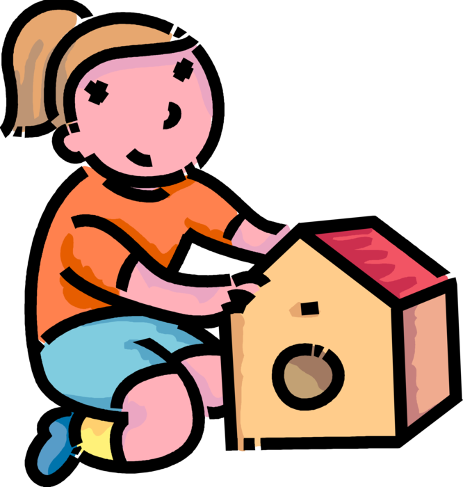 Vector Illustration of Primary or Elementary School Student Girl Bird Lover Builds Birdhouse Shelter for Birds