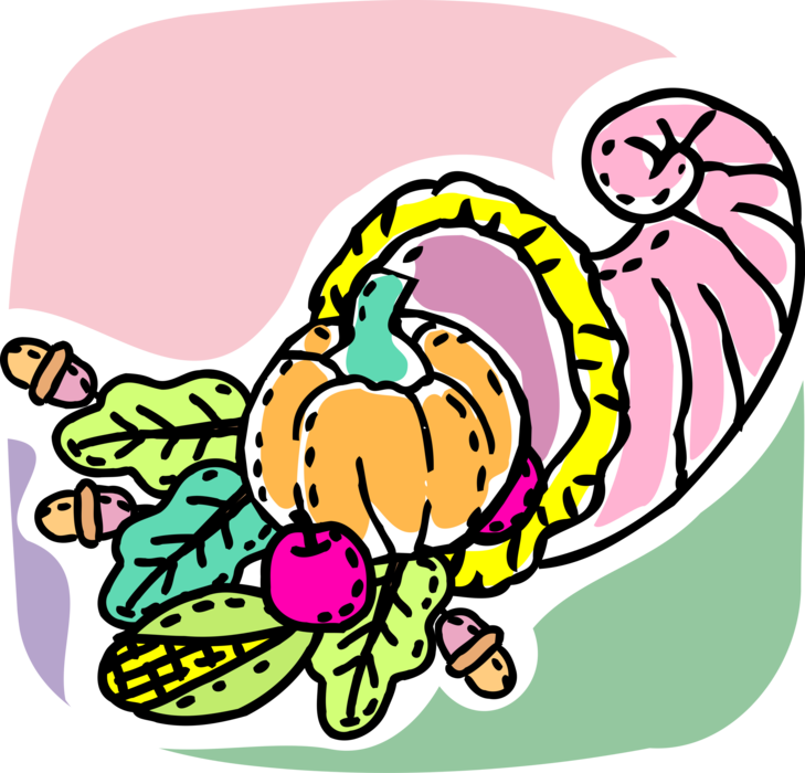 Vector Illustration of Cornucopia Horn of Plenty with Fall Harvest Pumpkin, Corn, Apple, and Acorns