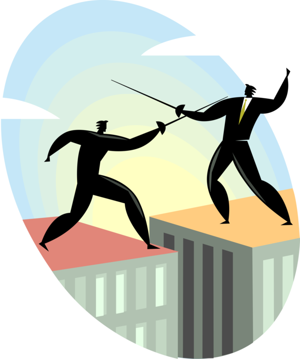 Vector Illustration of Business Competitor Fencers Fencing with Foil Swords on Skyscraper Buildings