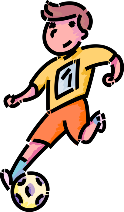 Vector Illustration of Primary or Elementary School Student Boy Plays Football Soccer with Ball on Pitch Field